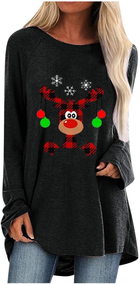 Christmas Deer T-Shirt Dacawin Women Casual Comfy O-Neck Long Sleeved Loose Oversize Blouse Tunic Tops