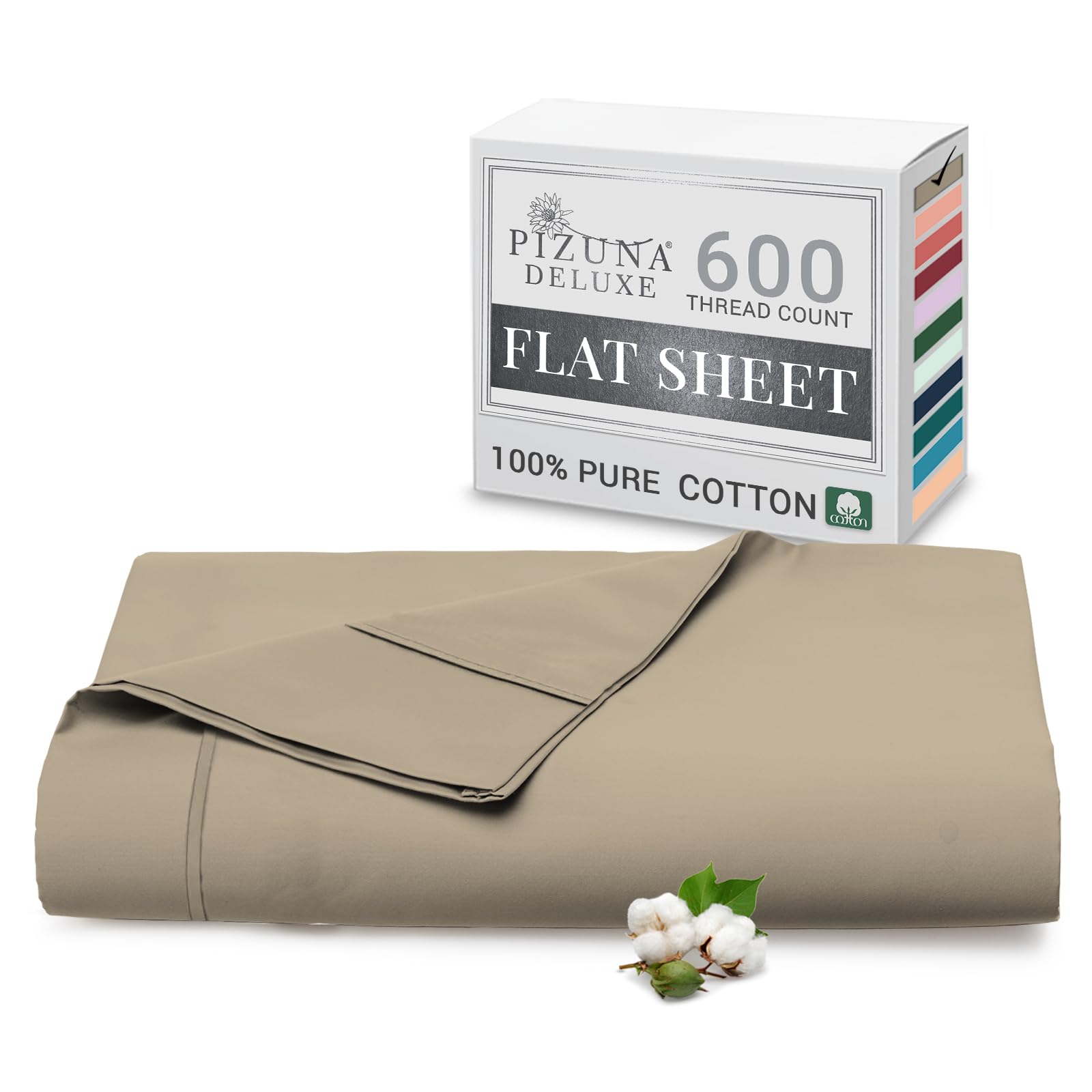 Pizuna Pure Combed Cotton Double Flat Sheet Simply Taupe, 600 Thread Count Long Staple Brushed Cotton Flat Sheets Double, Cool Sateen Weave Flat Sheet Double Bed (Cotton Flat Sheet Double 1 PC)