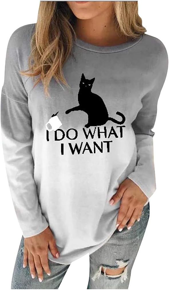 Plus Size I Do What I Want Letter Printed Cat Sweatshirt Women Tie Dyed Colour Gradient Pullover Sweatshirts Cat Lover Cute Girls Casual Tops Blouse