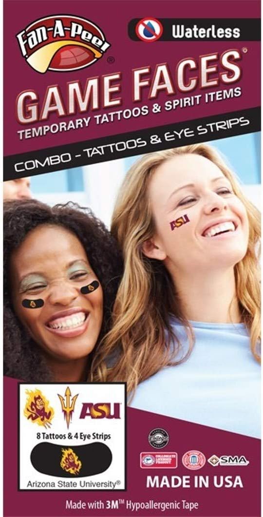 Arizona State University (ASU) Sun Devils – Waterless Peel & Stick Temporary Tattoos – 12-Piece Combo – Flaming Sparky & Trident Logo & ASU Logo Spirit Tattoos & Flaming Sparky on Black Eye Strips