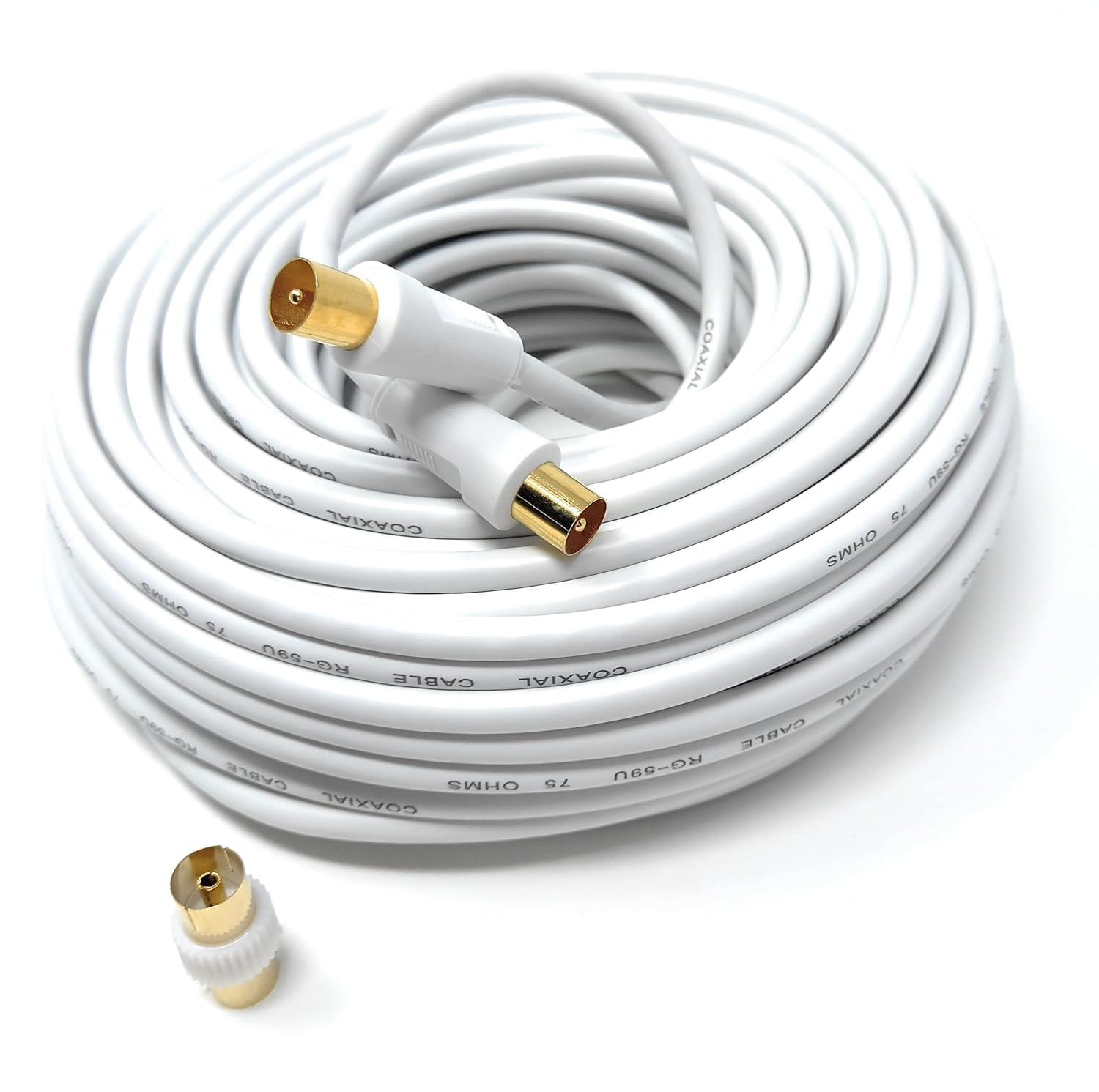 DRUT 50m TV RF Male to Male Aerial Antenna Coaxial Cable With Female to Female Coupler, Gold Connectors 75 ohm, 3C2V 164ft White