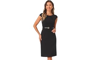 Allegra K Elegant Business Dress for Women's Cap Sleeve Belted Wear to Work Sheath Dresses