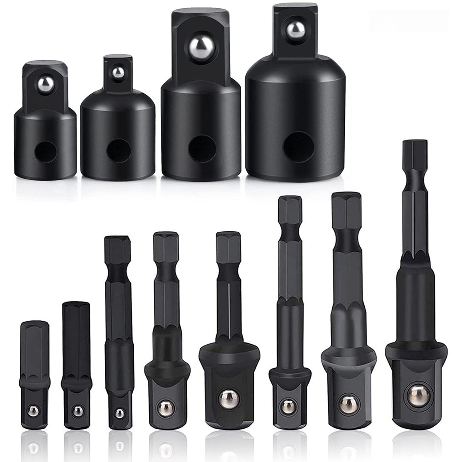 12-Piece Impact Socket Adapter Set, 1/4 Inch Hex Shank Extension Square Driver Drill Bit to Drive 1/4" 3/8" 1/2" Impact Driver Adapter for Cordless Drill Quick Change Nut Driver Conversions