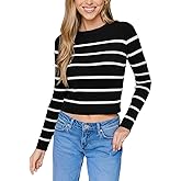CUPSHE Women's Fall Lightweight Sweaters Striped Crew Neck Long Sleeve Pullover Knitted Tops