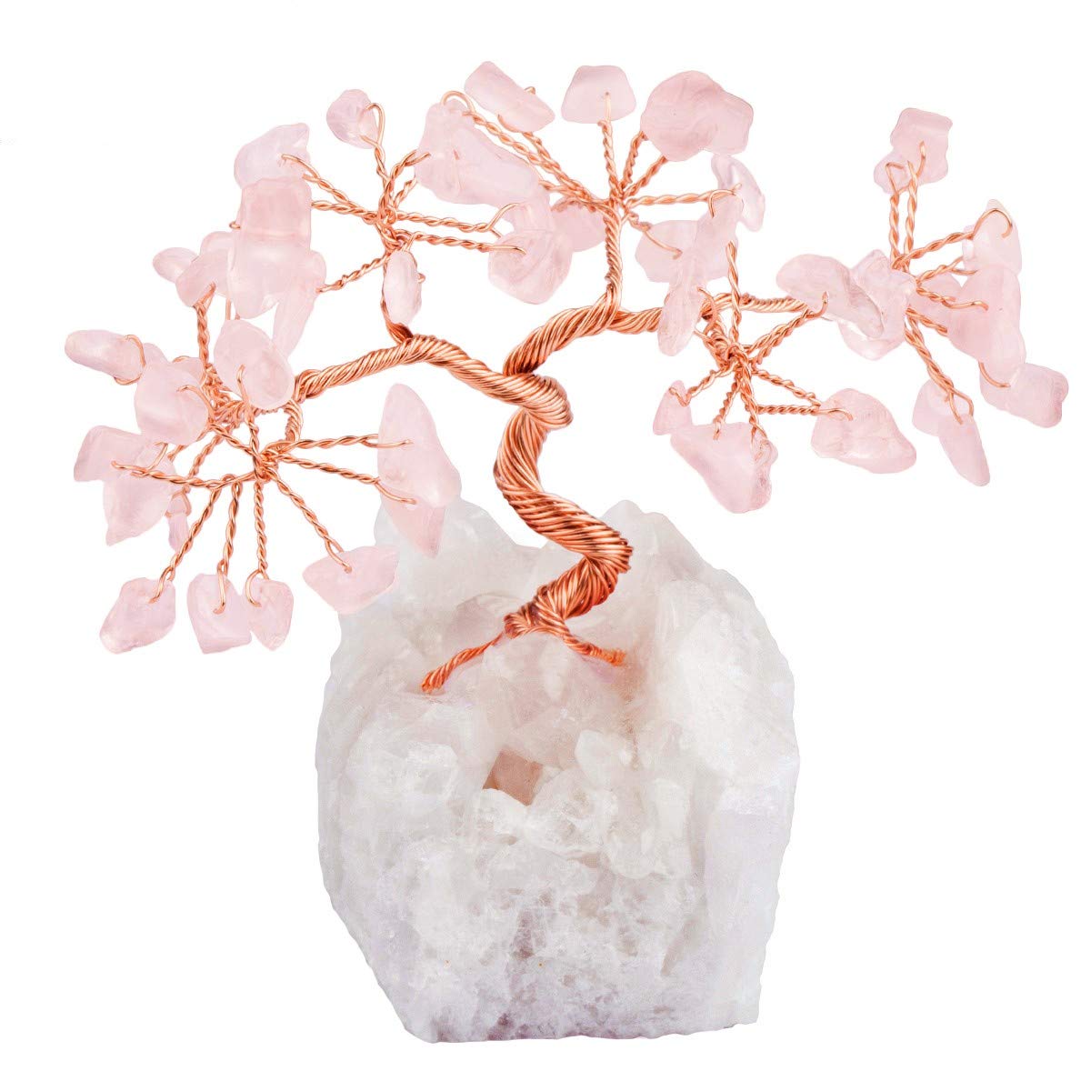 mookaitedecor Natural Rose Quartz Crystal Bonsai Money Tree Ornament, Healing Crystal Gift, Clear Quartz Crystal Cluster Base Tree of Life Feng Shui Ornament for Home Office Lucky Stone Tree