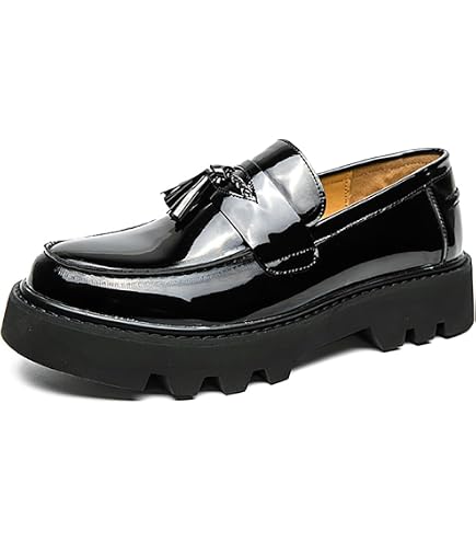 Men\'s Chunky Two-Tone Black & White Platform Loafers - Slip-On Dress Shoes Blake Black/White Patent Leather Lug Bit Loafers main image 4