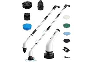 Electric Spin Scrubber, FRIWOLE 2023 Upgrade 10 in 1 Cordless Cleaning Brush with 8 Replaceable Brush Heads, Adjustable Bathroom Scrubber Dual Speed Up to 420 RPM, for Bathtub Tile Floor (Black)