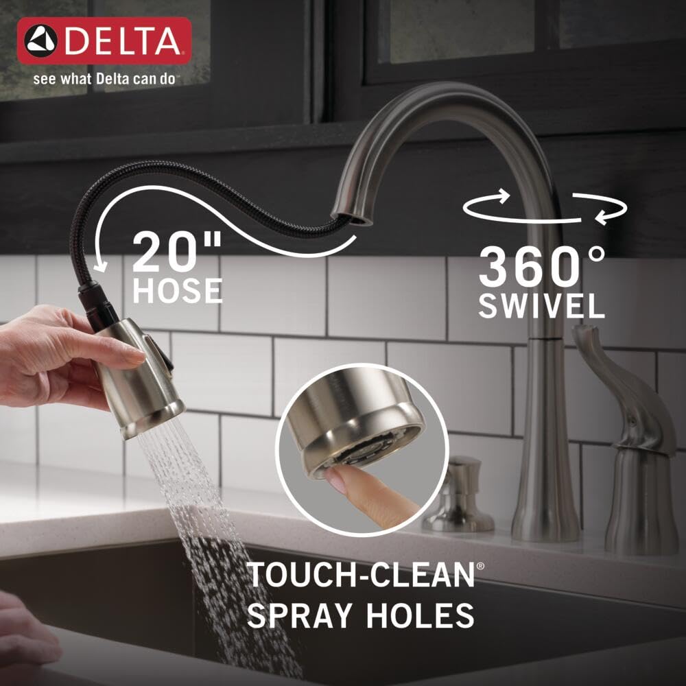 Delta Kate Brushed Nickel Kitchen Faucet with Pull Down Sprayer and Soap Disperser, Modern Two Hole Kitchen Sink Faucet, Single Handle, Stainless 16970-SSSD-DST