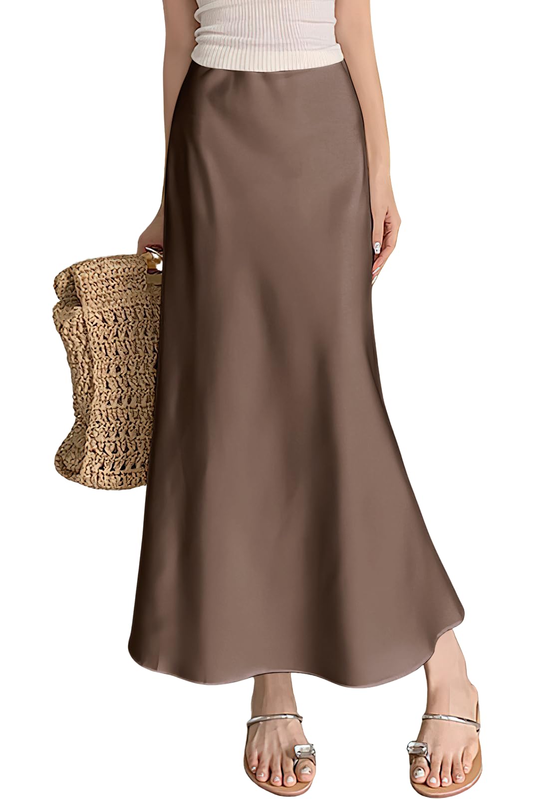 Photo 1 of ebossy Women's Elegant Long Satin Skirt Silk Dressy Hidden Elastic Waist Flared A-Line Maxi Skirts (size small Coffee)