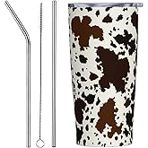 Yobvec Western Cow Print Tumbler with Lid and Straw, 20 Oz Stainless Steel Insulated Brown Cow Water Bottle Cup Coffee Mug