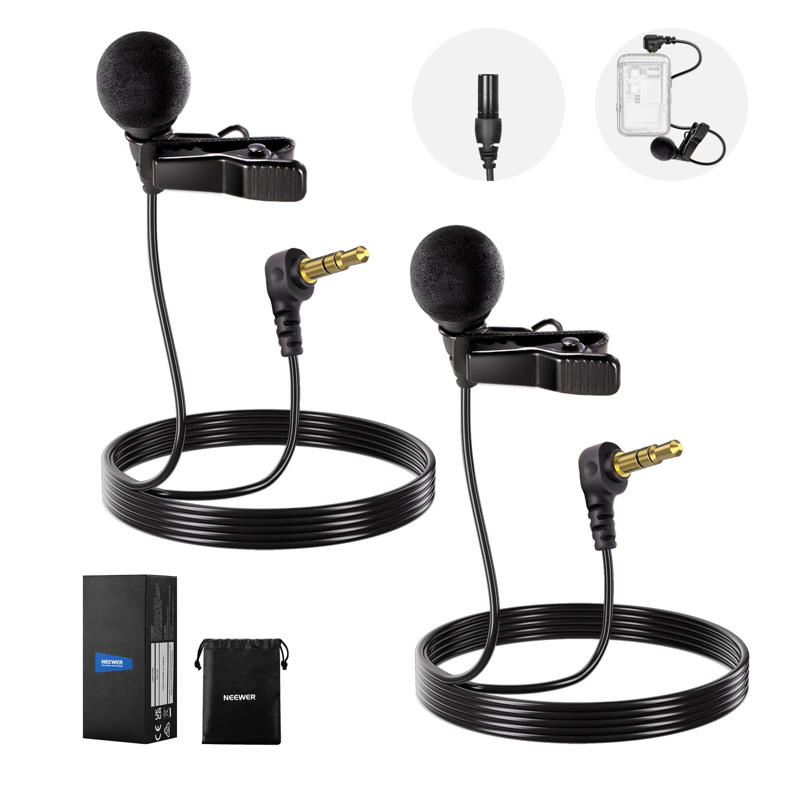 NEEWER ø4mm Mini Lavalier Microphone (2 Pack), Clip On Wired Condenser Lapel Lav Mic Set with 5ft/1.5m 3.5mm TRS Connector Compatible with DJI Mic 2 Rode Wireless Go II CM28 CM31 Camera, LM8