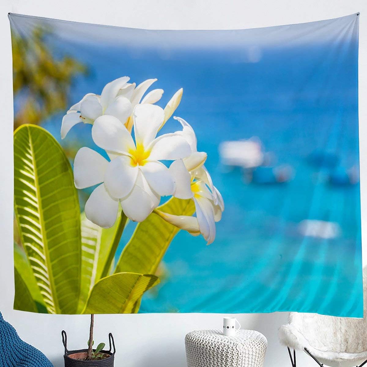 Erosebridal Lily Tapestry Blooming Flower Bedding Throw Blanket Medium 59x59 for Kids Girls Teens Women Branches Leaf Tapestries Garden Plants Blue Wall Art Hypoallergenic Room Décor