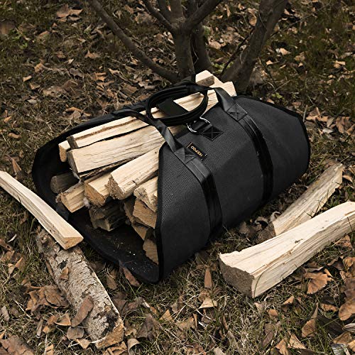 IKEPOD Canvas Firewood Log Carrier - Fire Wood Tote Bag Storage, Fireplace Wood Stove Accessories, Durable Large Holder for Camping, Design with Leather Handle