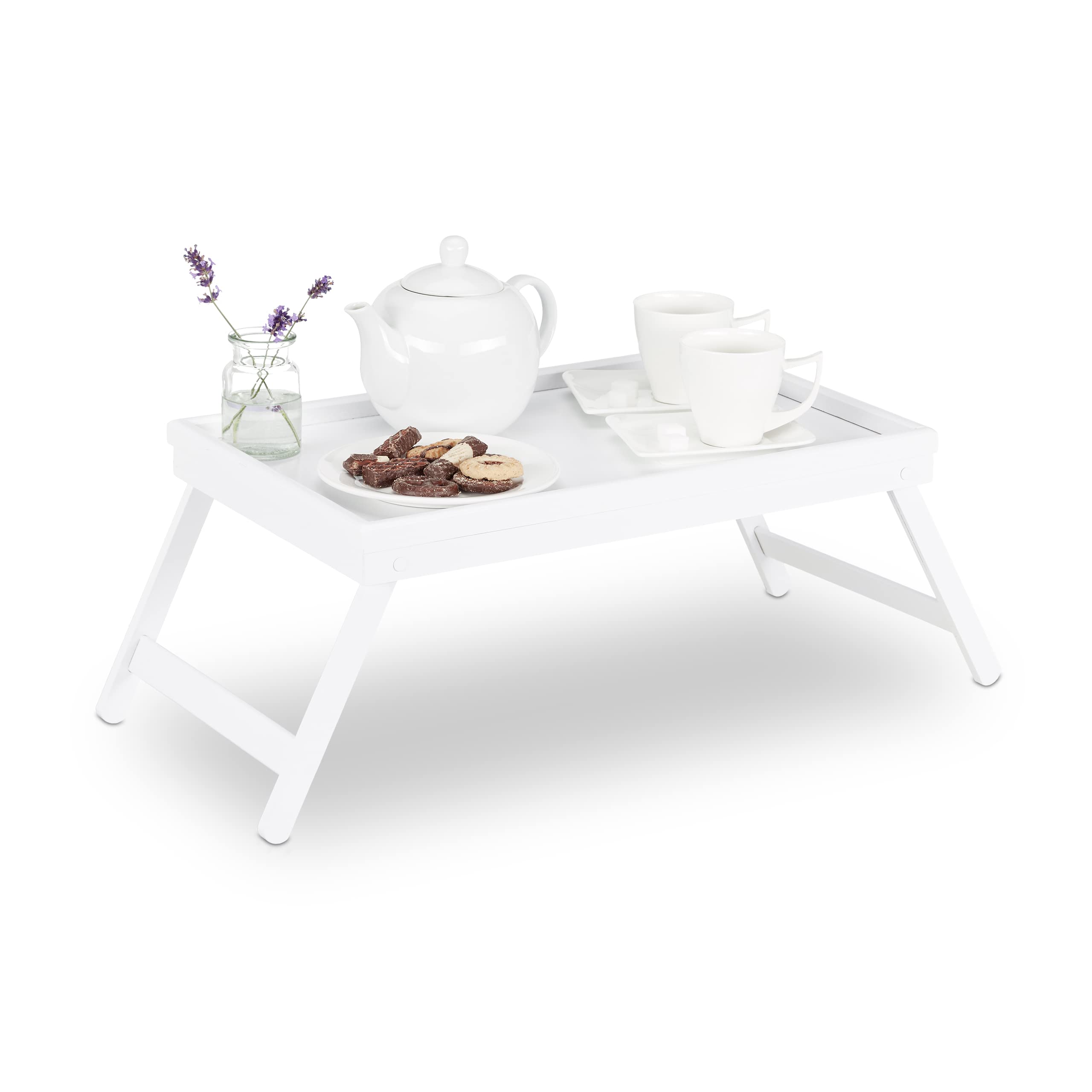 Relaxdays Bamboo Bed Tray, Folding Legs, Raised Edge, For Breakfast in Bed and Serving, HWD: 22x64x31cm, White