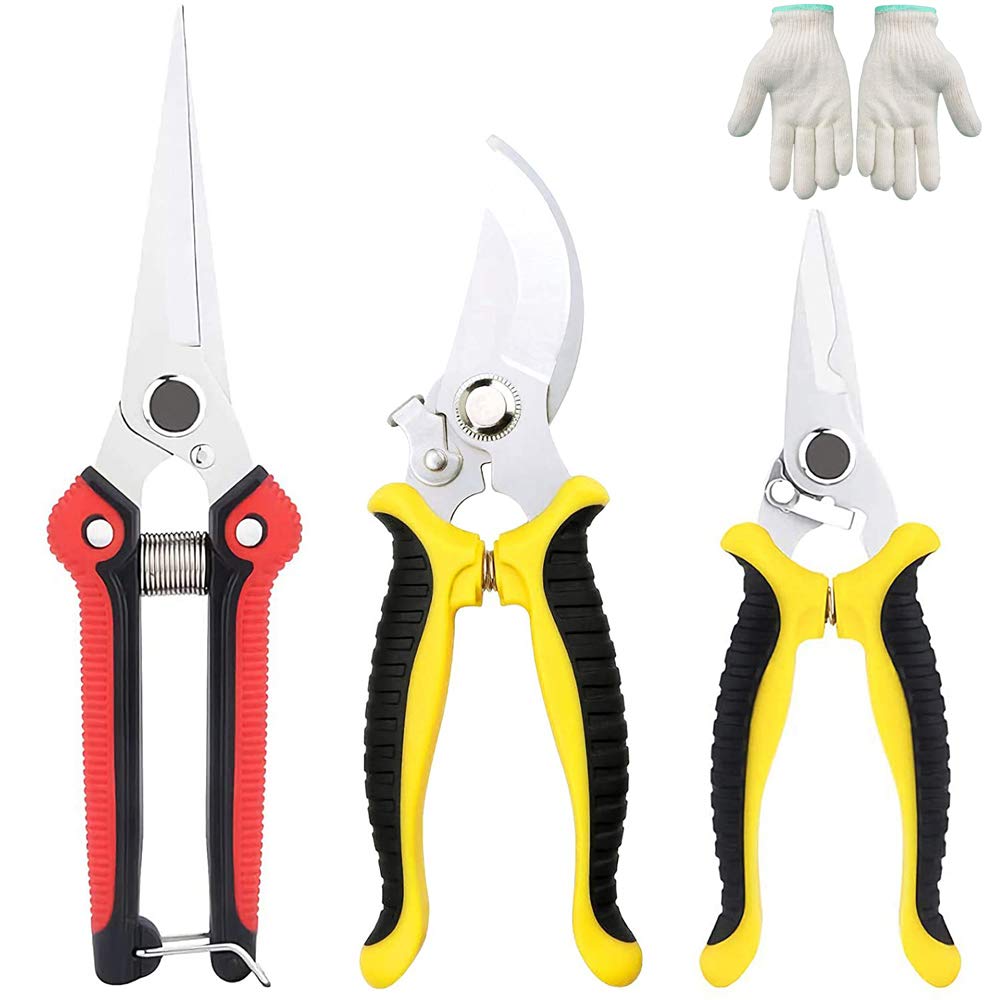 Venkaite Garden Secateurs, Stainless Steel Pruning Shears, 3 Pack Garden Secateurs Set, Pruning Scissors Gardening for Fruit Branch, Hedge, Fruits & Vegetables, Plants(With Garden Gloves)