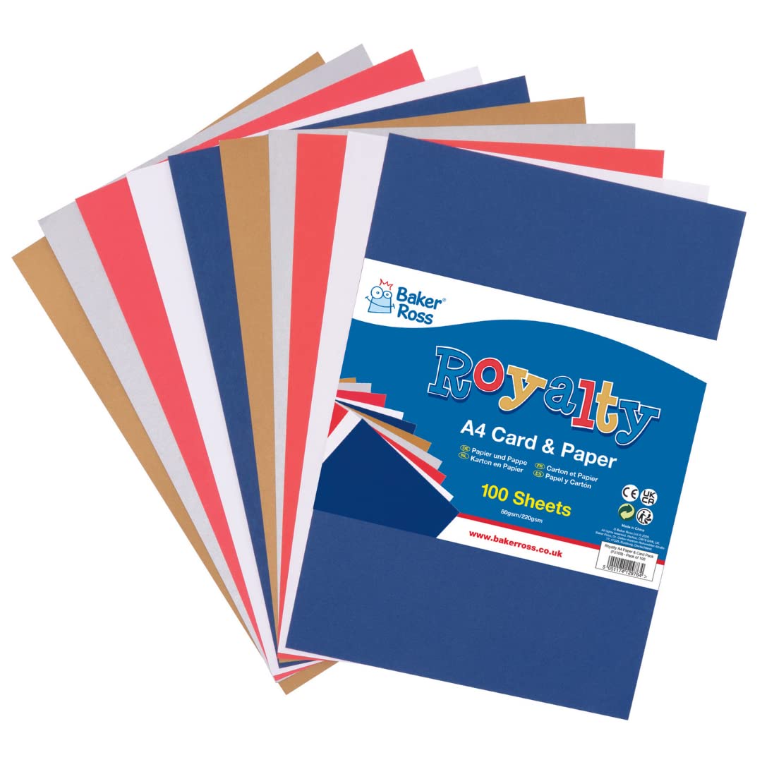 Baker Ross PJ109 Red White and Blue A4 Card and Paper - Pack of 100, Craft Supplies Essentials, Kids Crafts,