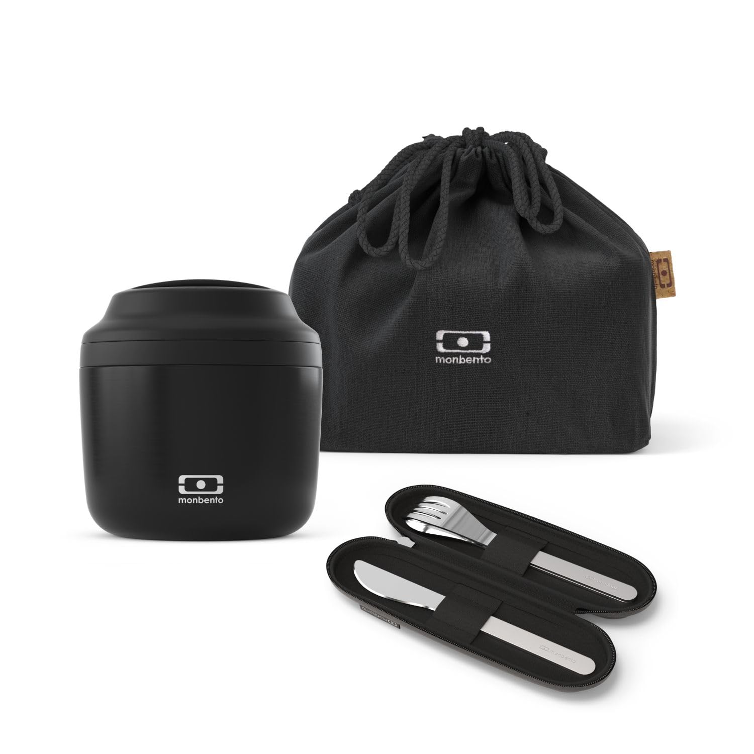 monbento - Onyx Lunch Box - with Bento Box MB Element Insulated Up to 10h, MB Slim Nest Stainless Steel Cutlery Set, Lunch Bag MB Pouch M - BPA Free - Durable and Safe - Black