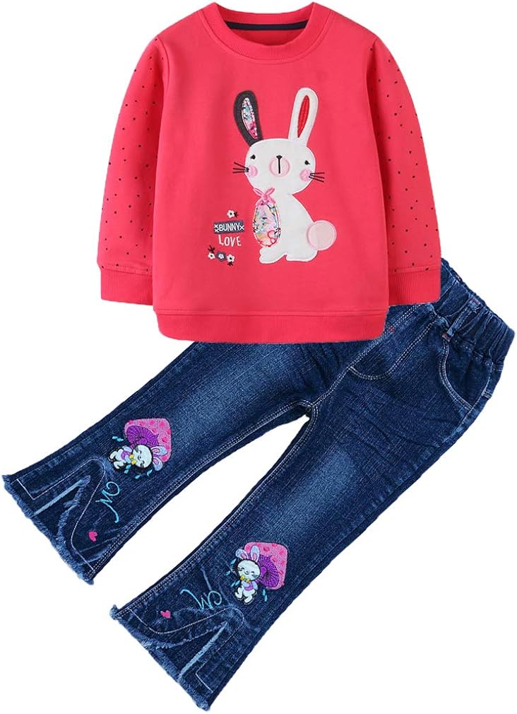 Peacolate 2-7T Toddler Big Girls Pants Clothing Set 2pcs Cotton top and Jeans: Clothing