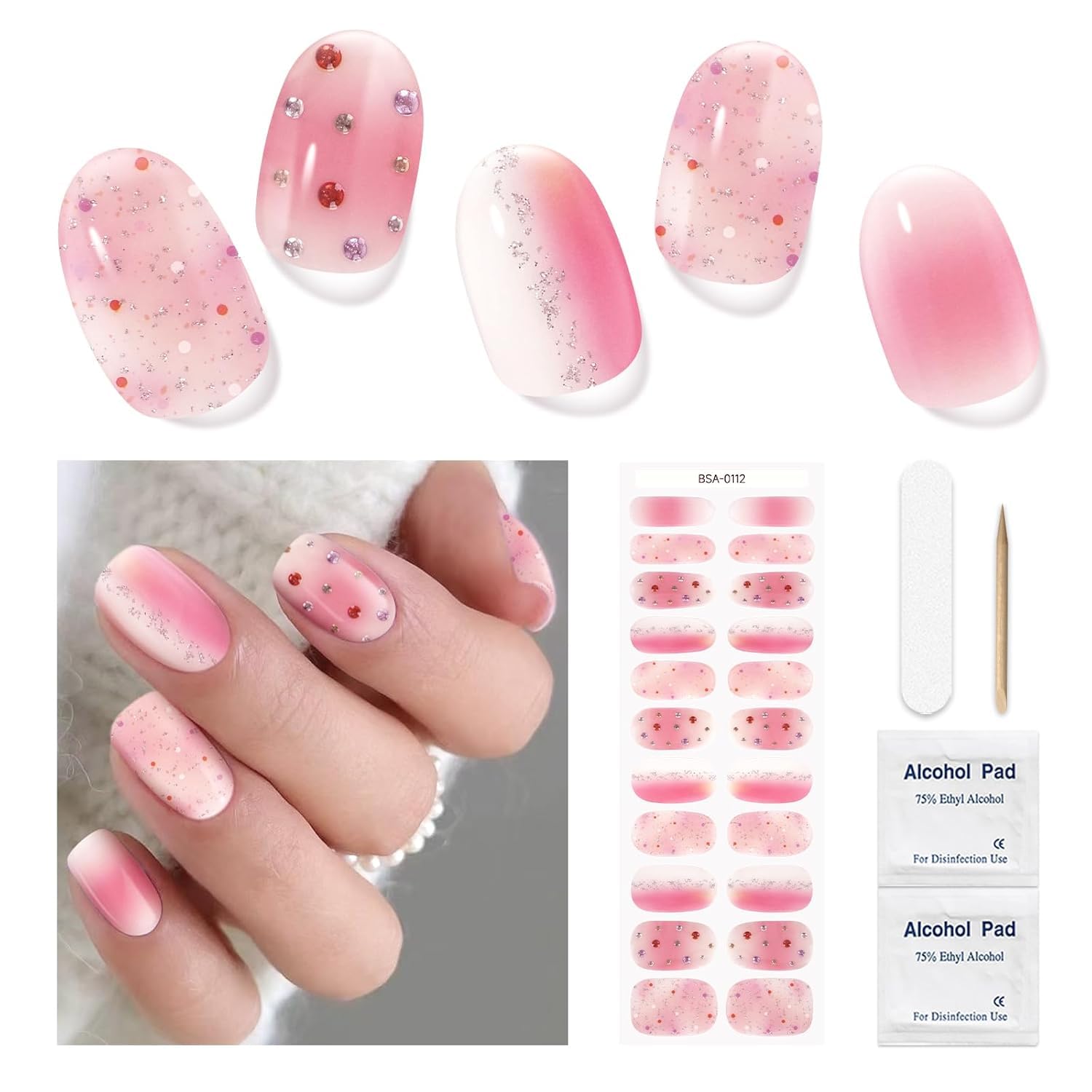 DUKASOU Pink Diamonds Gel Nail Strips, 22 PCS, No UV Light Needed, Salon Quality, Women and Girls