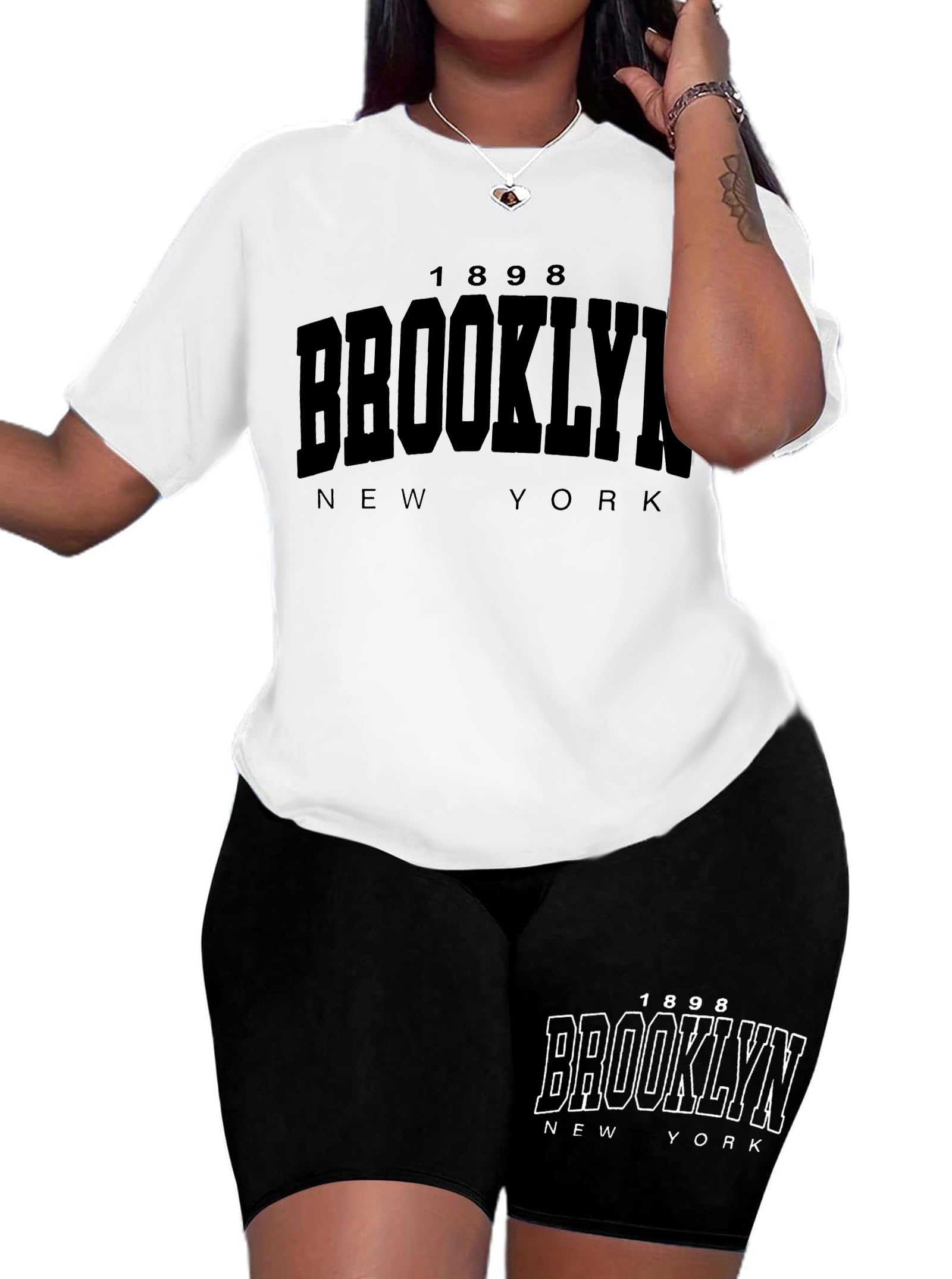 Photo 1 of ***Missing shirt***Hilinker Womens 2 Piece Outfits Short Sleeve Top and Shorts Set Summer Workout Casual Tracksuit White Black Brooklyn Small