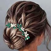 Heread Green Crystal Bride Wedding Hair Pins Silver Pearl Bridal Hair Pieces Rhinestones Leaf Hair Accessories for Women and Girls (Pack of 3)