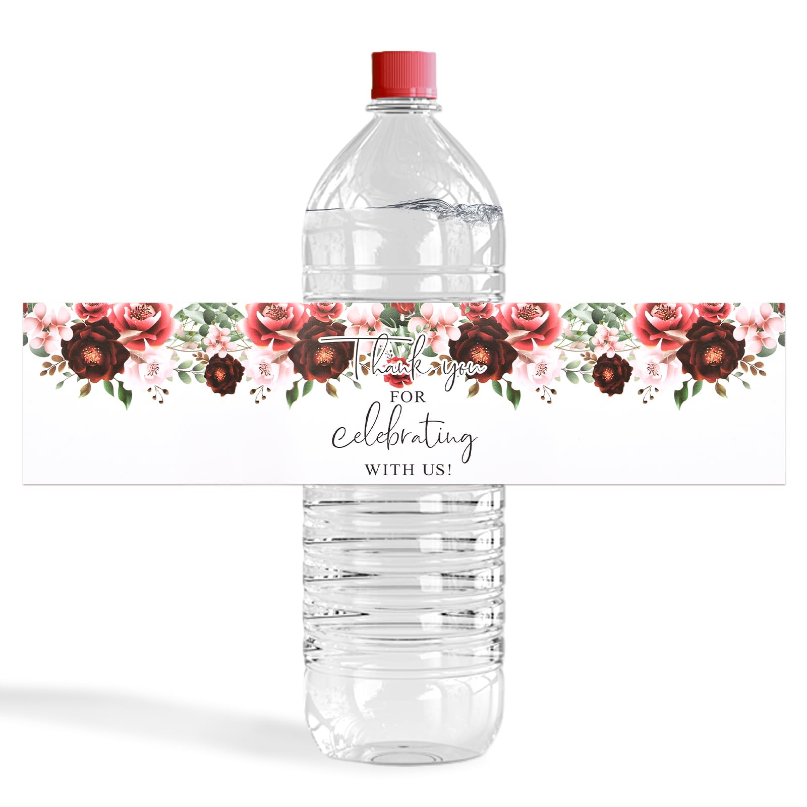 URROMA Wedding Water Bottle Labels, 50Pcs Red Flowers Wedding Wraps Sticker Wedding Date Labels for Bridal Shower Party Wedding Drinking Water Bottle Label