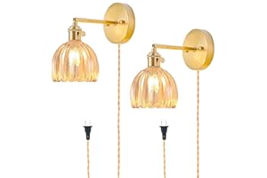 LINSEEDS Plug in Wall Sconces Set of 2, Vintage Wall Sconce Light with Tulip Amber Glass Lampshade, Bedroom Wall Sconce with Switch and Plug in Wall lamp Cord, Gold Wall Light Wall Decor Set of 2