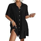 Bsubseach Womens Swimsuit Coverup Button Down Bathing Suit Cover Up Swimwear Bell Sleeve Beach Shirt Dress
