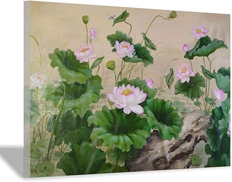 Amazon 蓮の花の絵画 大規模なキャンバスアート アジアの現代アートワーク オリジナルの蓮の油絵 花の油のファインアートキャンバスプリント 40x60cm フレームレス ウォールステッカー オンライン通販