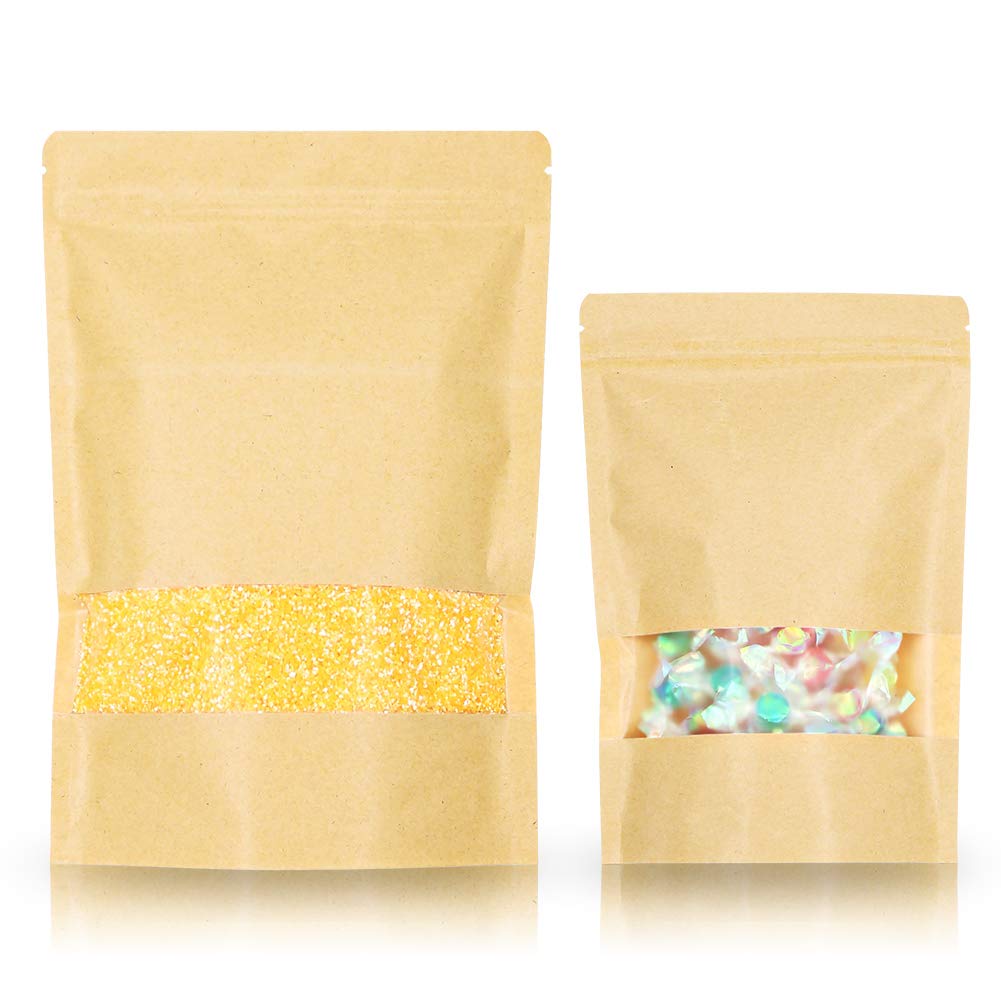 SumDirect 50Pcs Kraft Zipper Stand Up Bags Pouches with Notch and Matte Window (14x22cm)