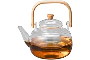 KozyCup Glass Teapot with Wooden Handle, Clear Glass Infuser 1000 ml (1L) Heat-Resistant Borosilicate Glass