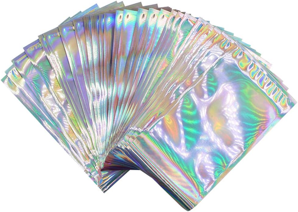 Holographic Aluminum Foil Self-Adhesive Bag Food Grade Stoarge Pouches Snack Accessories Gift Package Bag (50Pcs, 6.5 x 4.5in + 1.6in)