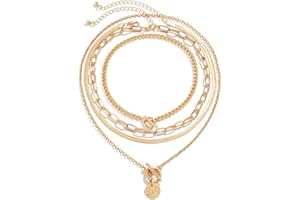 KunJoe 4pcs Layered Gold Necklaces Stack for Women,Chunky Gold Necklace Herringbone Paperclip Chain Necklace Retro Coin Medallion Pendant Dainty Cuban Chain Toggle Clasp Jewelry Gifts