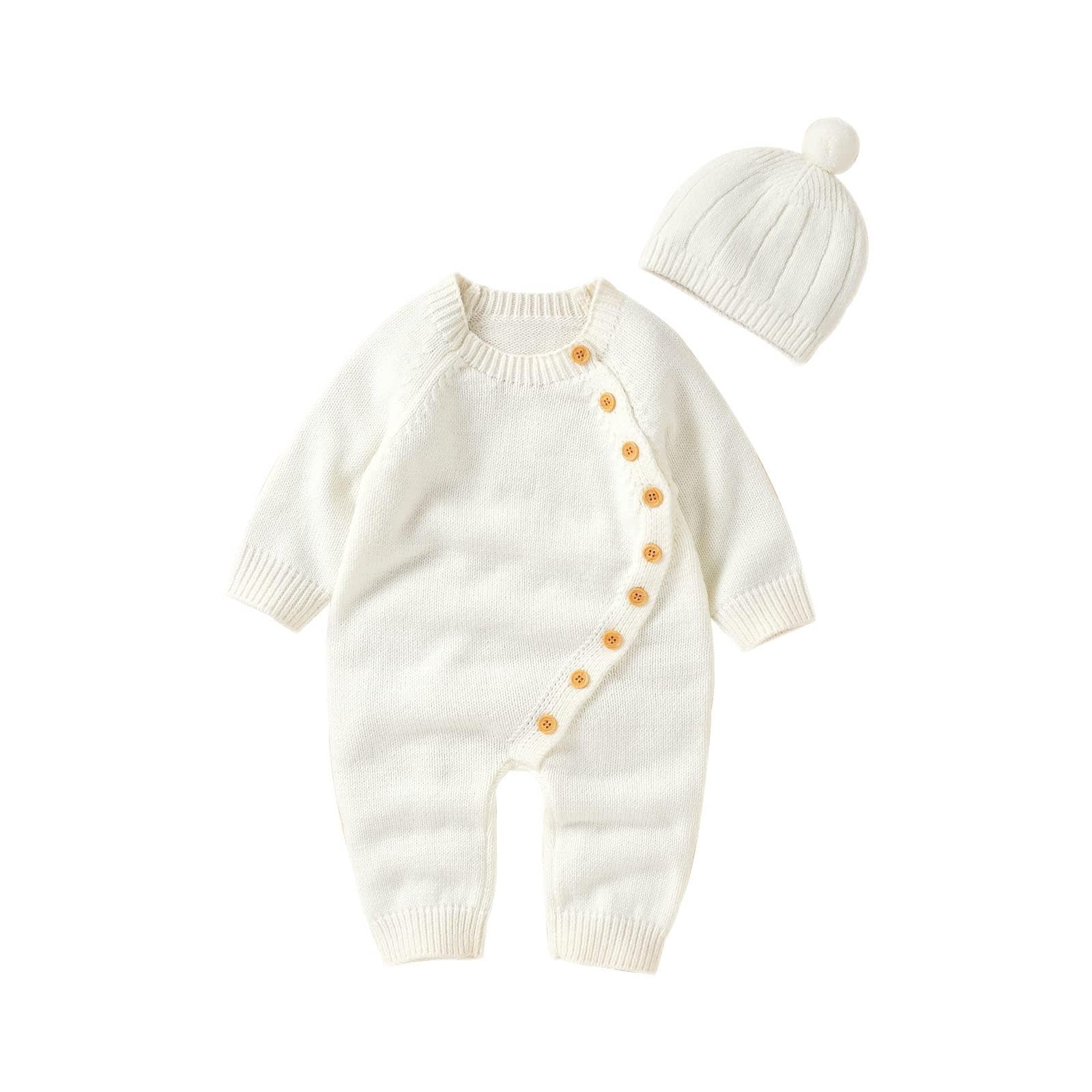 Photo 1 of Geogenry Newborn Baby Girls Boys Sweater Jumpsuit Winter Knit Romper Clothes Button Solid Bodysuit Jumpsuit Hat 2pcs Outfit (Creamy White, 0-3 Months)