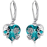 Rose Skull Earrings S925 Sterling Silver Heart Crystal Birthstone Dangle Drop Earrings Hypoallergenic Gothic Skull Leverback JJewelry Gift for Mom Daughter Wife
