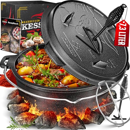 KESSER® Dutch Oven Set BBQ 7,3 Liter, Feuertopf Schmortopf mit Edelstahluntersetzer, Gusseisen Topf mit Deckelheber Henkel und Schlitz für Themormeter