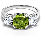 Gem Stone King 3.95 Cttw Green Peridot and White Zirconia 3-Stone Engagement Ring For Women | 925 Sterling Silver | Cushion 8MM | 3 Stone Wedding Engagement Anniversary Promise Ring