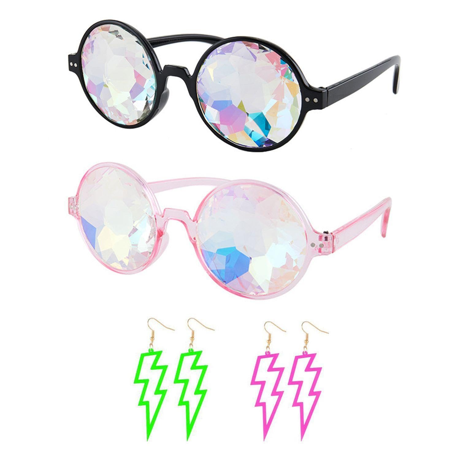 RNSKFG 2 Pieces Of Kaleidoscope Glasses And 2 Pairs Of Earrings, Creative Personality Glasses, Hollow Geometric, Fashionable Ladies Earrings, Party Clothing Accessories.