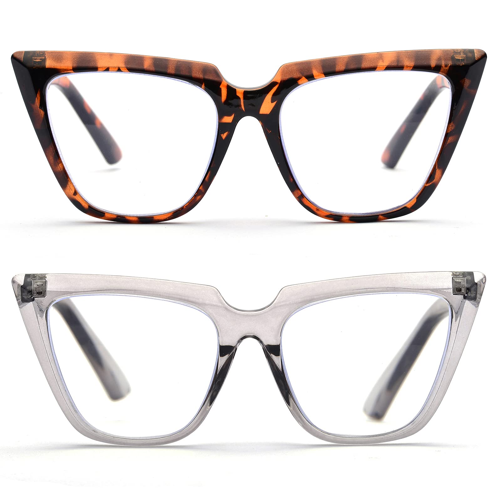 ZUVGEES Blue Light Blocking Reading Glasses Womens Chic Oversized Cat-Eye Eyeglasses Big Frames Large lens Computer Readers(2 Pack(Leopard and Transparent Gray),1.00)