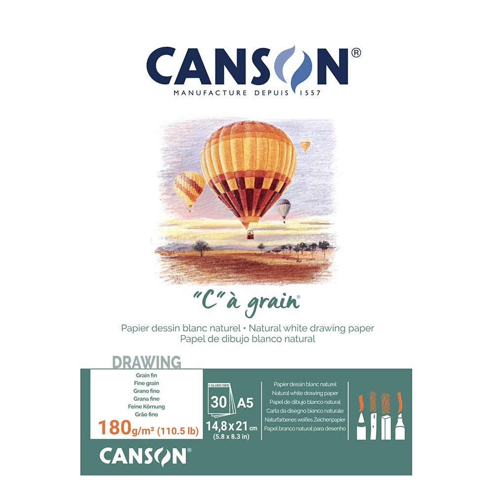 Canson "C à Grain A5 180g White Drawing & Sketching Paper Pad, 30 Sheets, Fine Grain Texture, Glued on Short Side, For Professional Artists