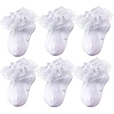 Looching Baby Toddlers Girls White Cotton Princess Ruffles Lace Frilly Dress Ankle Socks with Bowknot 1-8T Pack of 6