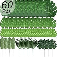 T-Antrix 60 Pcs 6 Kinds Artificial Palm Leaves Tropical Plant Safari Leaves Faux Monstera Leaves Stems for Hawaiian Luau Party Decorations, Tiki Aloha Jungle Beach Theme Party Table Leave Decorations