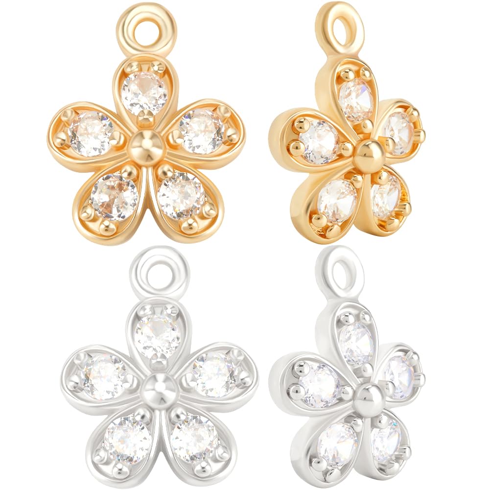 Beebeecraft 12Pcs Cubic Zirconia Flower Charms 5 Petal Flower Charm Gold Silver Brass Floral Charm for Jewelry Making 13.5x10.5mm for DIY Necklaces Earrings Bracelets