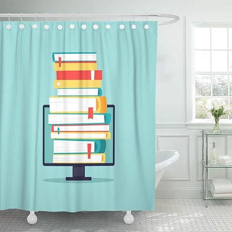 Amazon Amxxy シャワーカーテンデジタル研究オンラインライブラリe本コンピューターフラット漫画シャワーカーテンセット12フック付き60 X 72インチ防水ポリエステル生地 シャワーカーテン ホーム キッチン オンライン通販