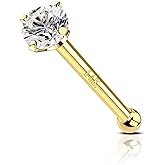COCHARM 14K Solid Gold Bone L Bend Nose Stud 22g 18g 20g 1.5mm 2mm 3mm CZ Yellow Gold Nose Ring Stud Press Fit Nose Pin S Screw 14K Real Gold Nose Piercing 22g 20g 18g Nose Jewelry