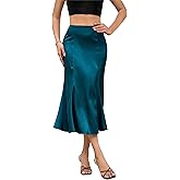 Mist Azur Womens Satin Midi Skirt High Waisted A Line Silky Flared Bodycon Skirt MA213