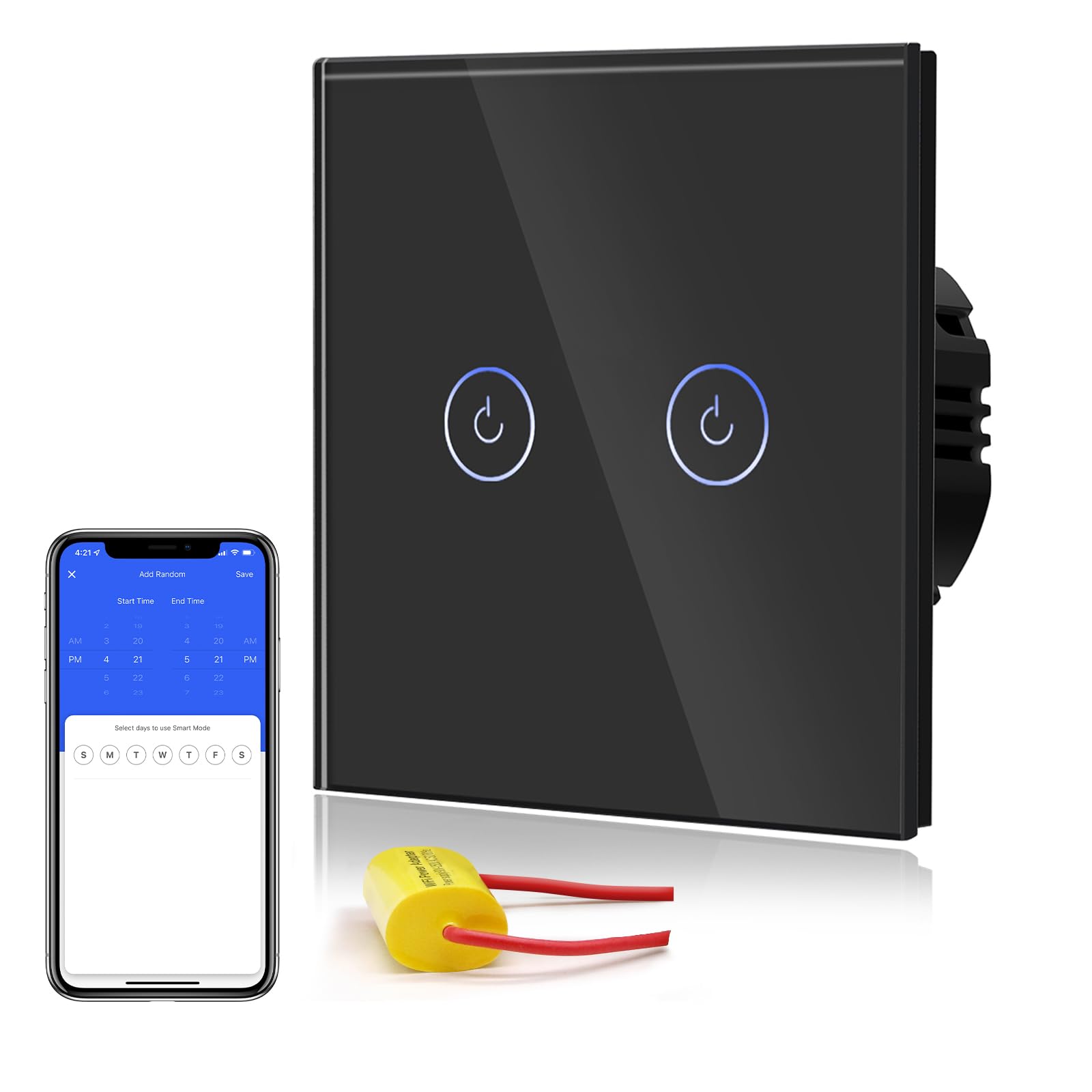 BSEED Smart Light Switch,Wifi Touch Wall Switches With Glass Panel,LED Lights,Work with Alexa/Smart Life App Control,Without Neutral Wire,2 Gang 1 Way,86mm Black