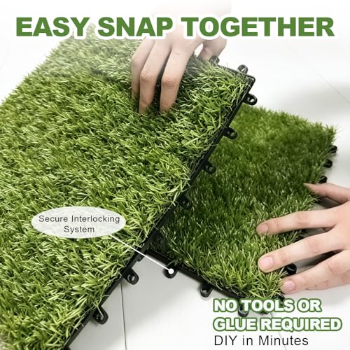 Qingbei Rina Artificial Grass Tiles Interlocking, 9 Packs Fake Grass Turf Outdoor Rug for Dogs Potty Pet, Natural Realistic 0.9m x 0.9m