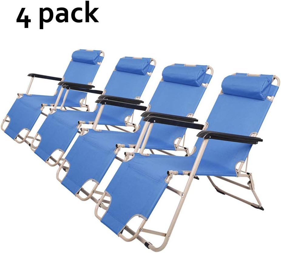 Dporticus 4 Pack Outdoor Chaise Lounge Chair Folding Recliner with a Removable/Adjustable Pillow(4 Pack, Round Tube Dark Blue)