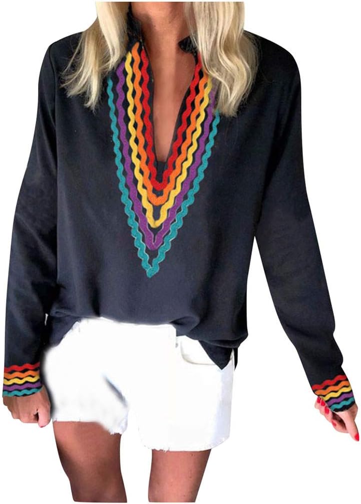 Kviklo Blouse Women Geometry Stripe Print V-Neck Tops National Style Long Sleeve Pullover